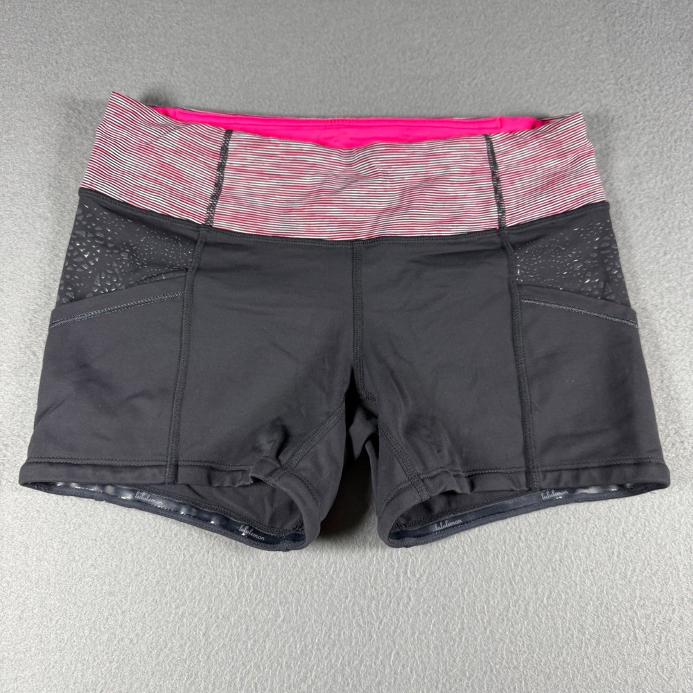Lululemon Run Shorty Short 6 Deep Coal Pink Striped Running Pockets 3.5" Inseam